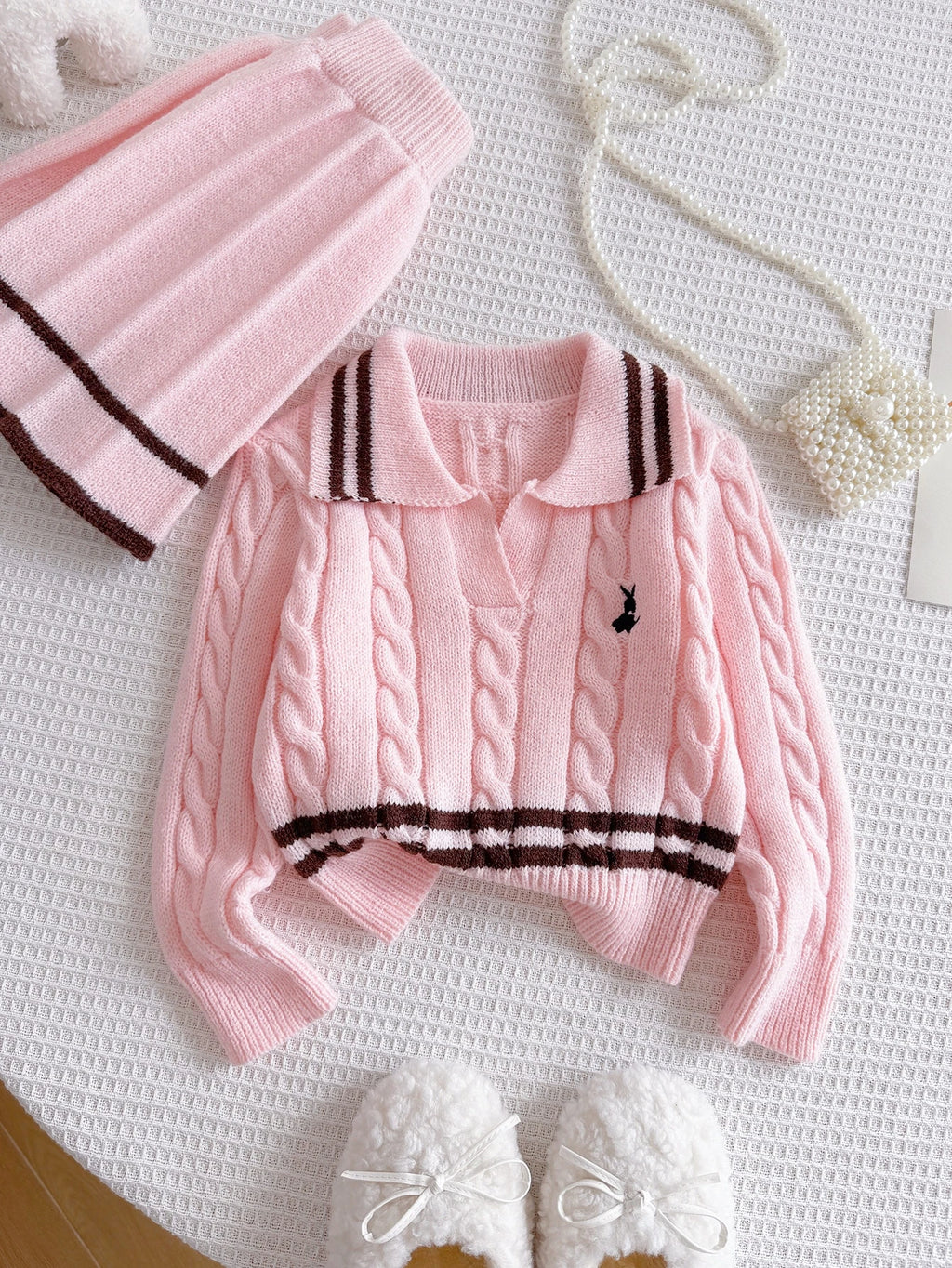 Girl Embroidered Rabbit Knitted Sweater Skirt 2 Piece Set