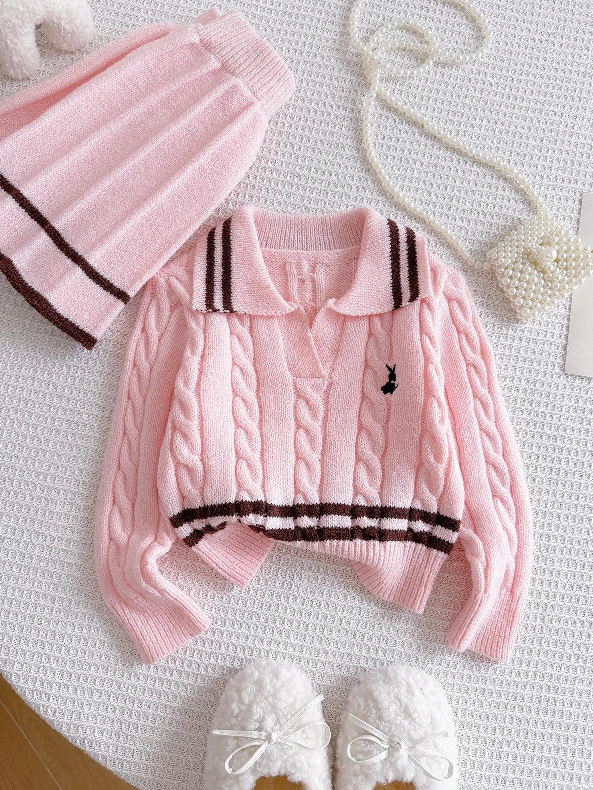 Girl Embroidered Rabbit Knitted Sweater Skirt 2 Piece Set