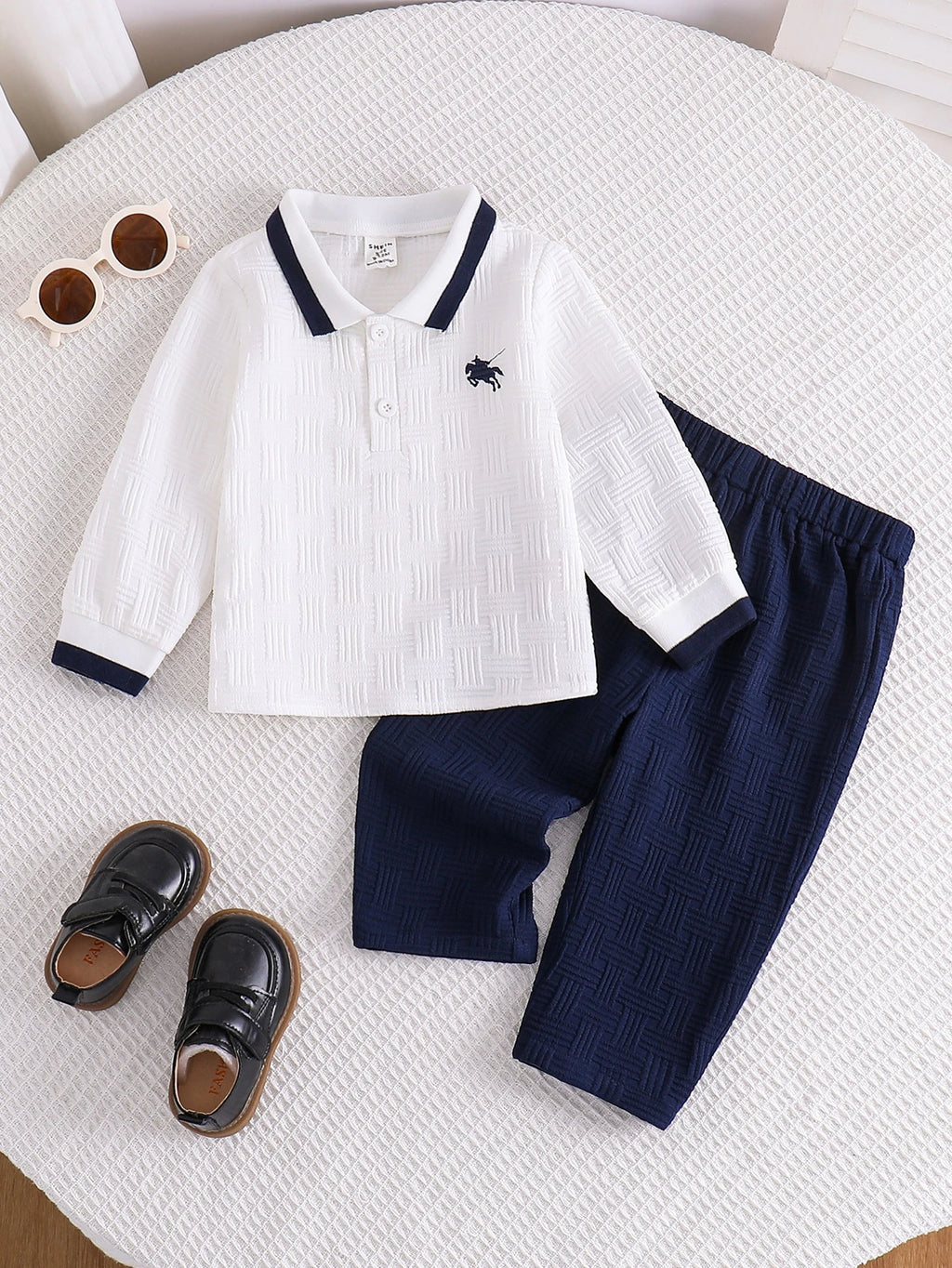 Baby Boy White Shirt Polo Blue Pants Set
