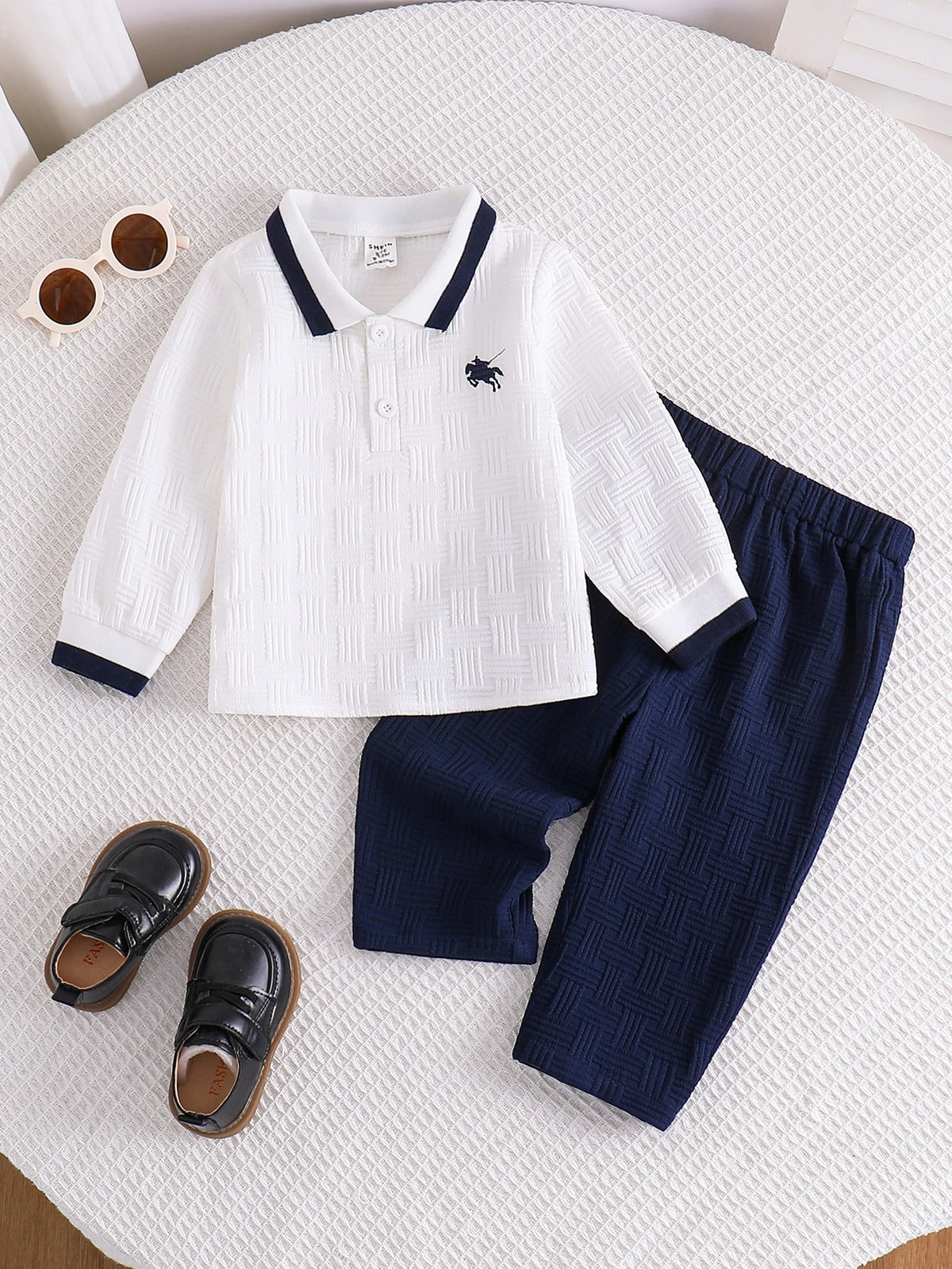 Baby Boy White Shirt Polo Blue Pants Set