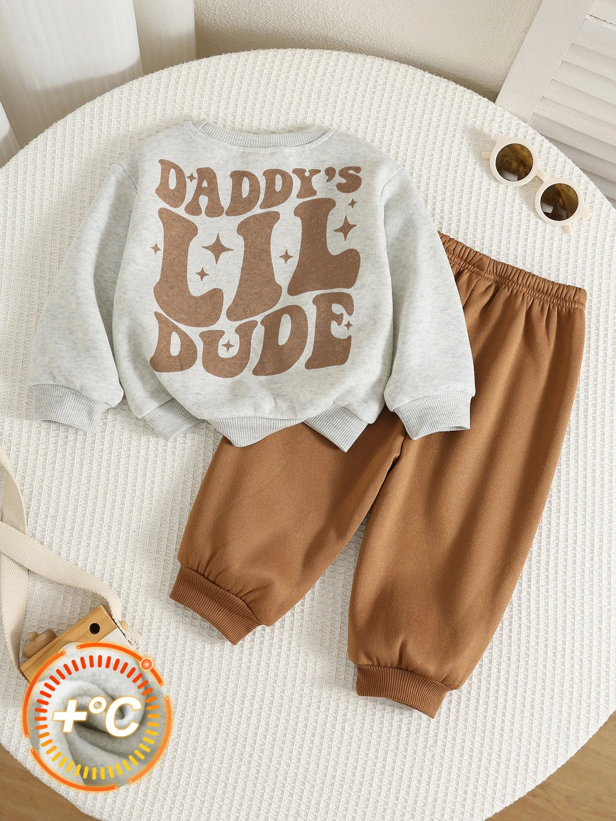 Baby Boy Brown Thermal Slogan Sweatshirt Set
