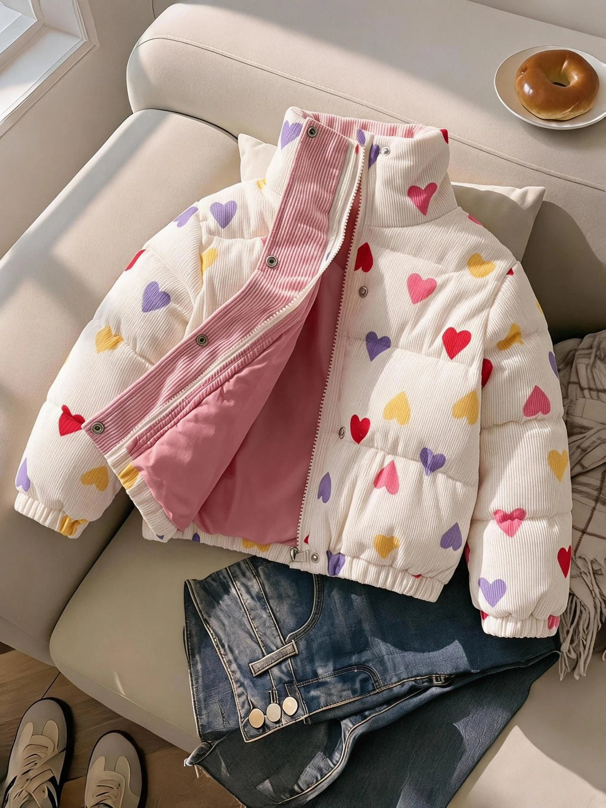Young Girl Heart Print Corduroy Thickened Padded Coat