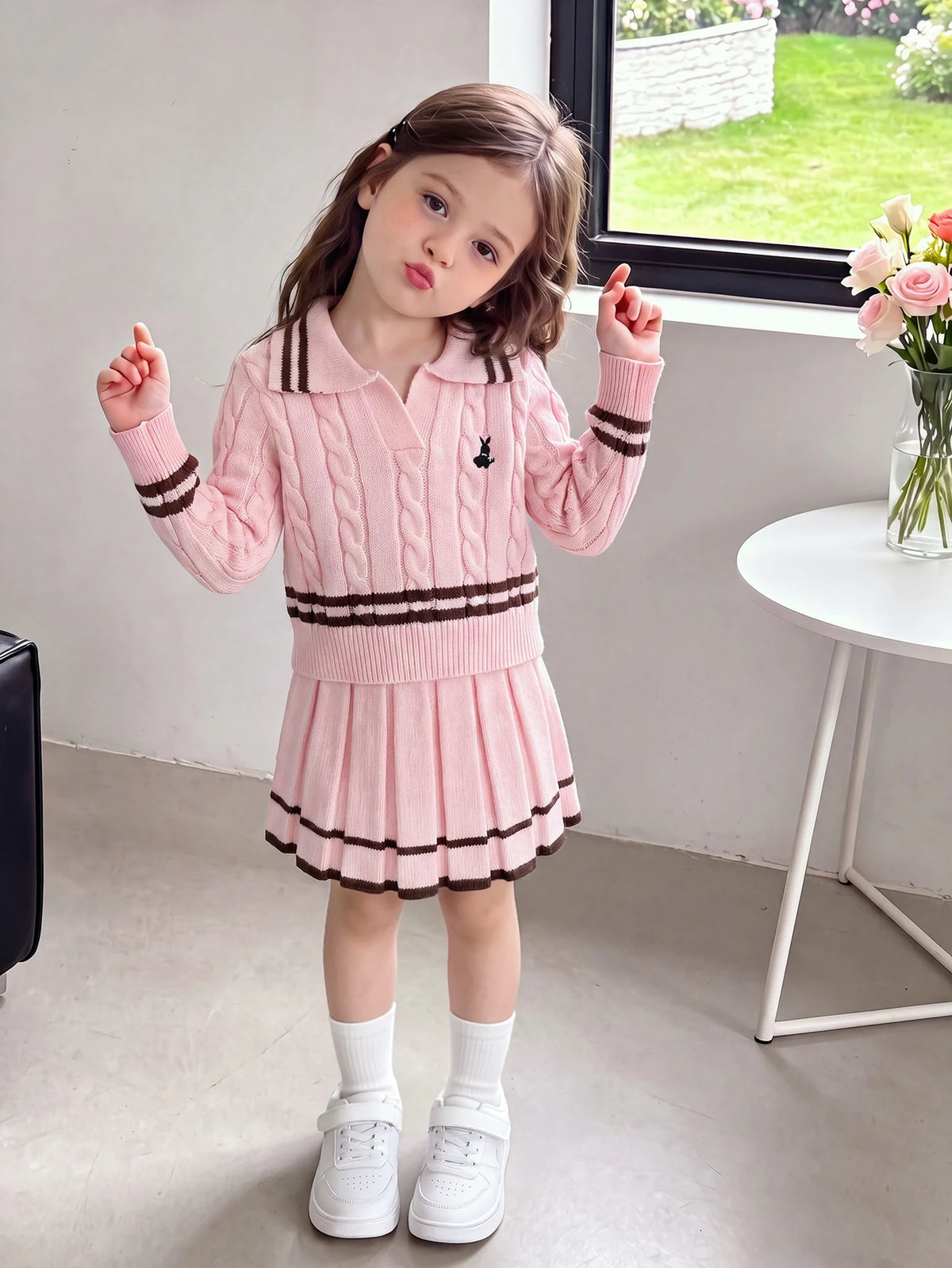 Girl Embroidered Rabbit Knitted Sweater Skirt 2 Piece Set