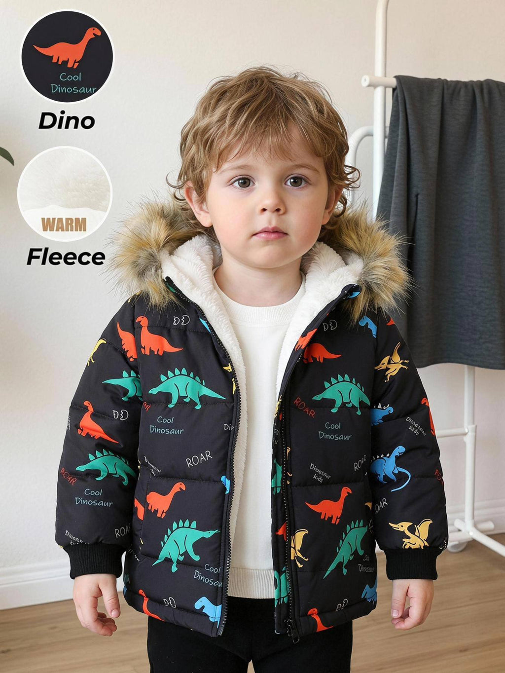 Bambinoo x Cozy Pixies Boys' Dinosaur Print Hooded Thermal Puffer Coat