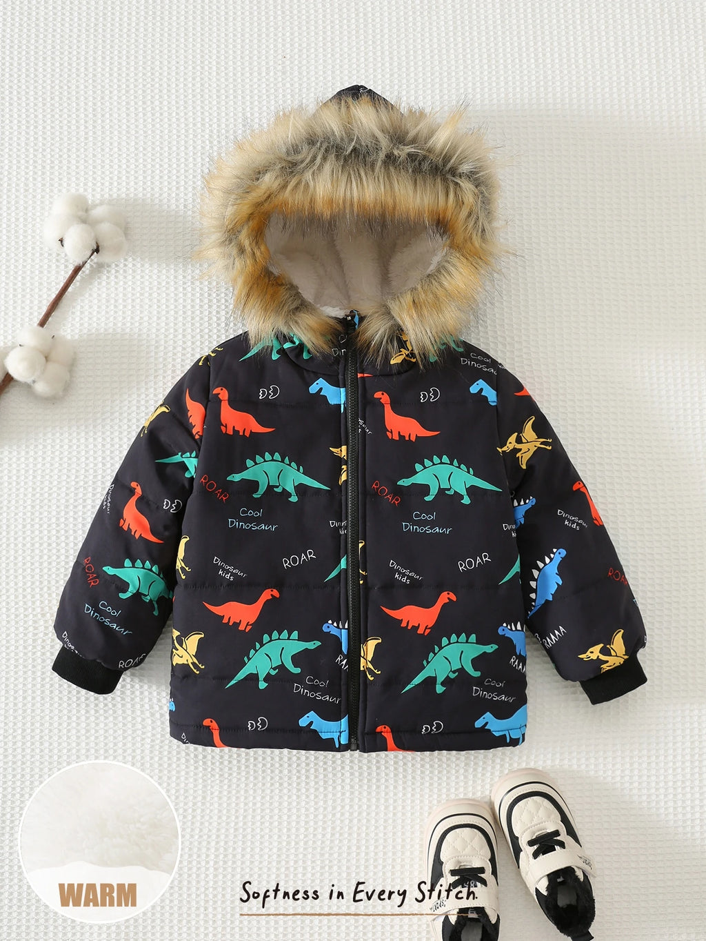 Bambinoo x Cozy Pixies Boys' Dinosaur Print Hooded Thermal Puffer Coat