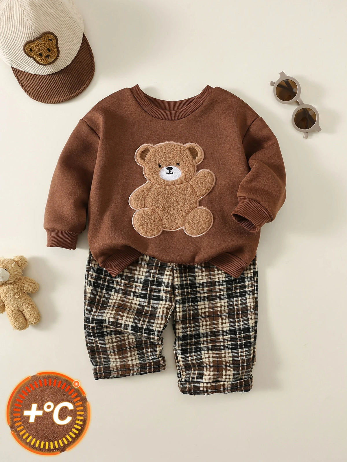 Baby Boy Brown Bear Patchwork Sweatshirt Set Christmas Brown