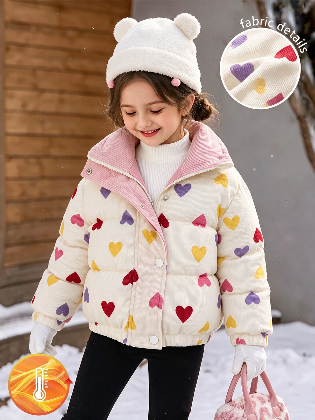 Young Girl Heart Print Corduroy Thickened Padded Coat