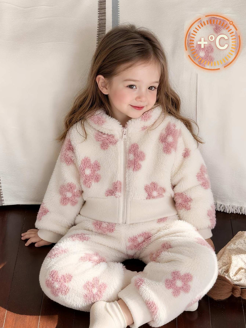 Ensemble veste à col montant et pantalon à fleurs en tissu duveteux pour bébé fille