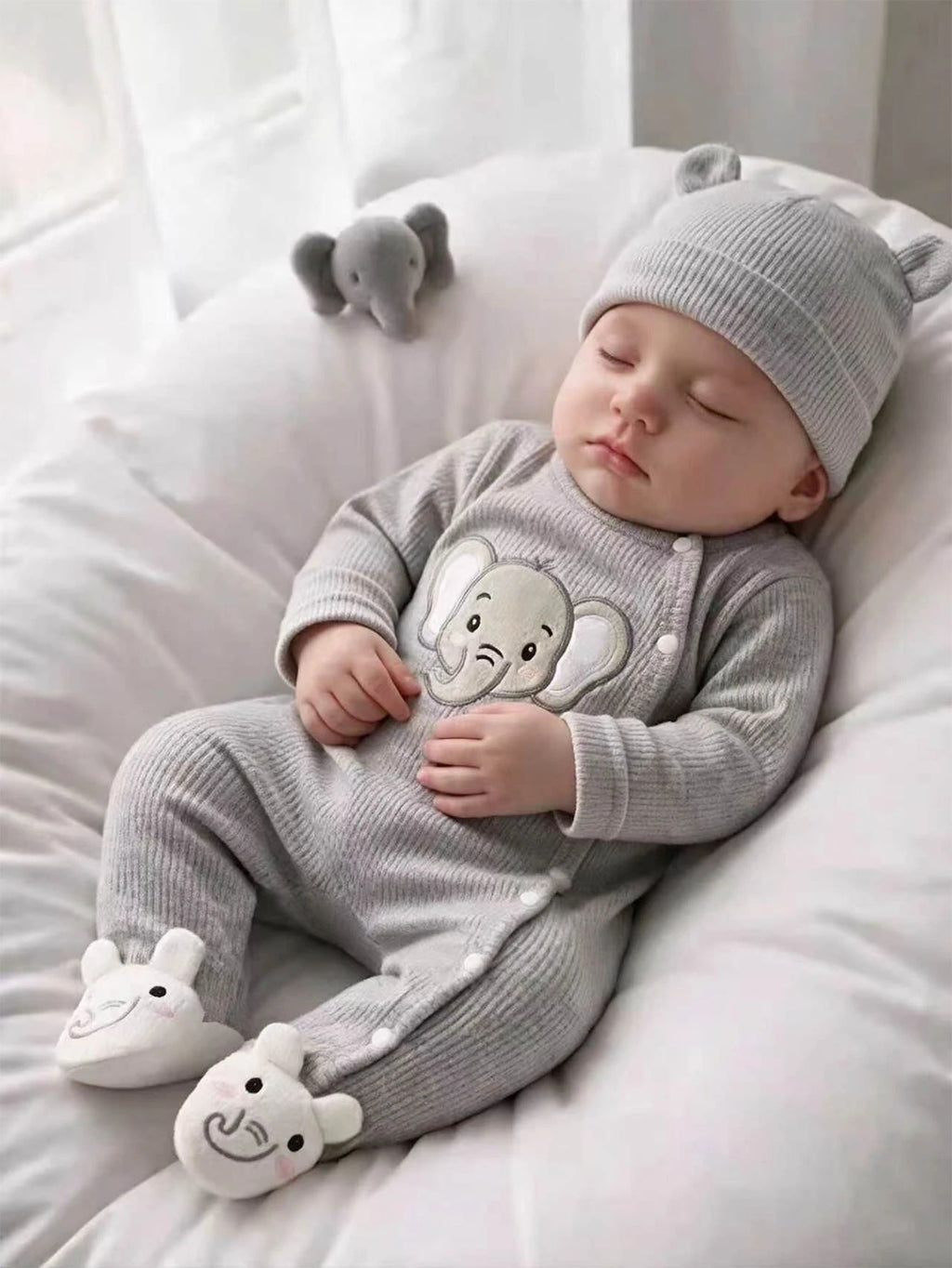 Unisex Gray Elephant Embroidered Long-Sleeve Jumpsuit Grey