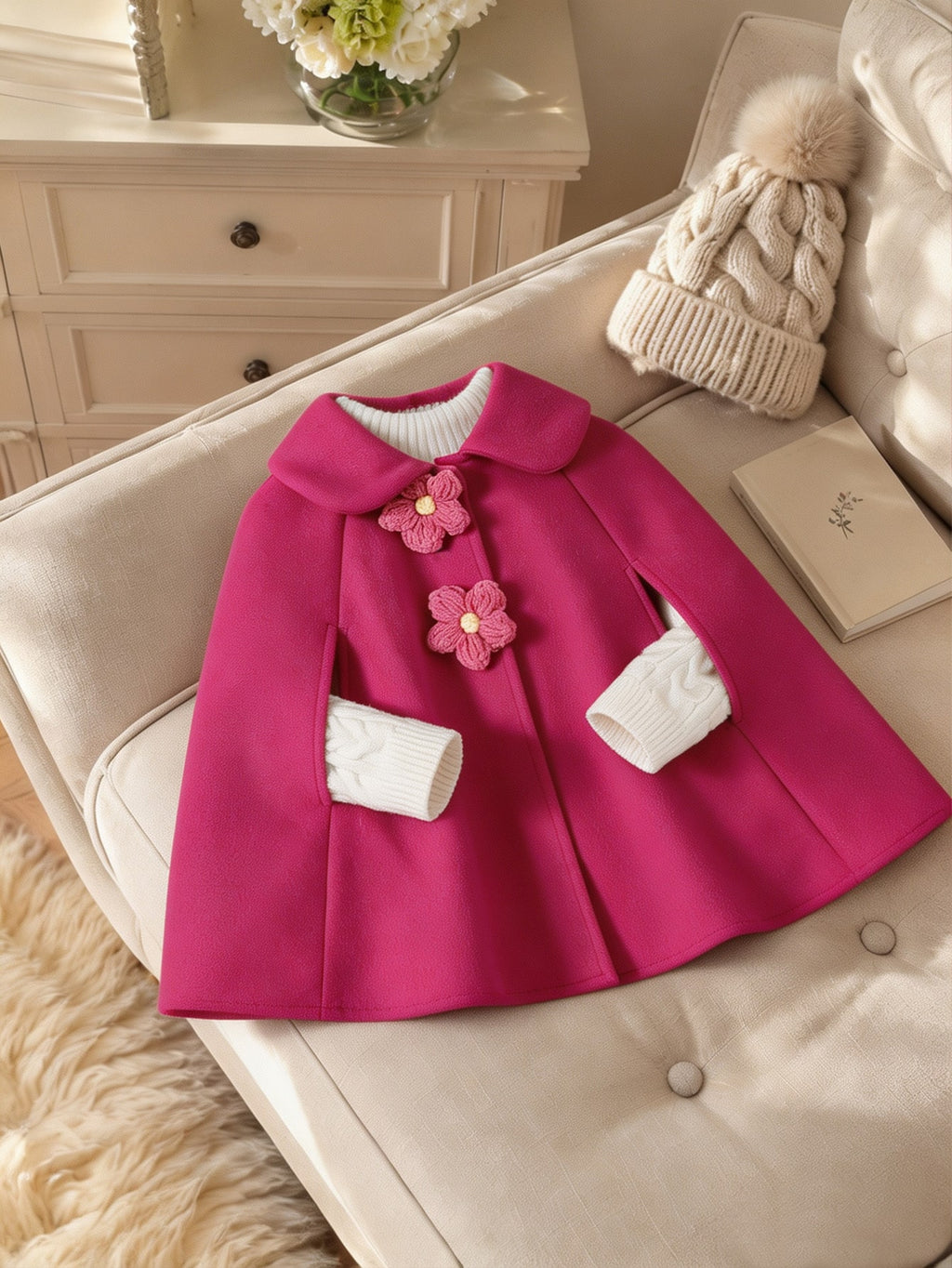 Girl Patchwork 3D Crochet Flower Cape Shawl Overcoat