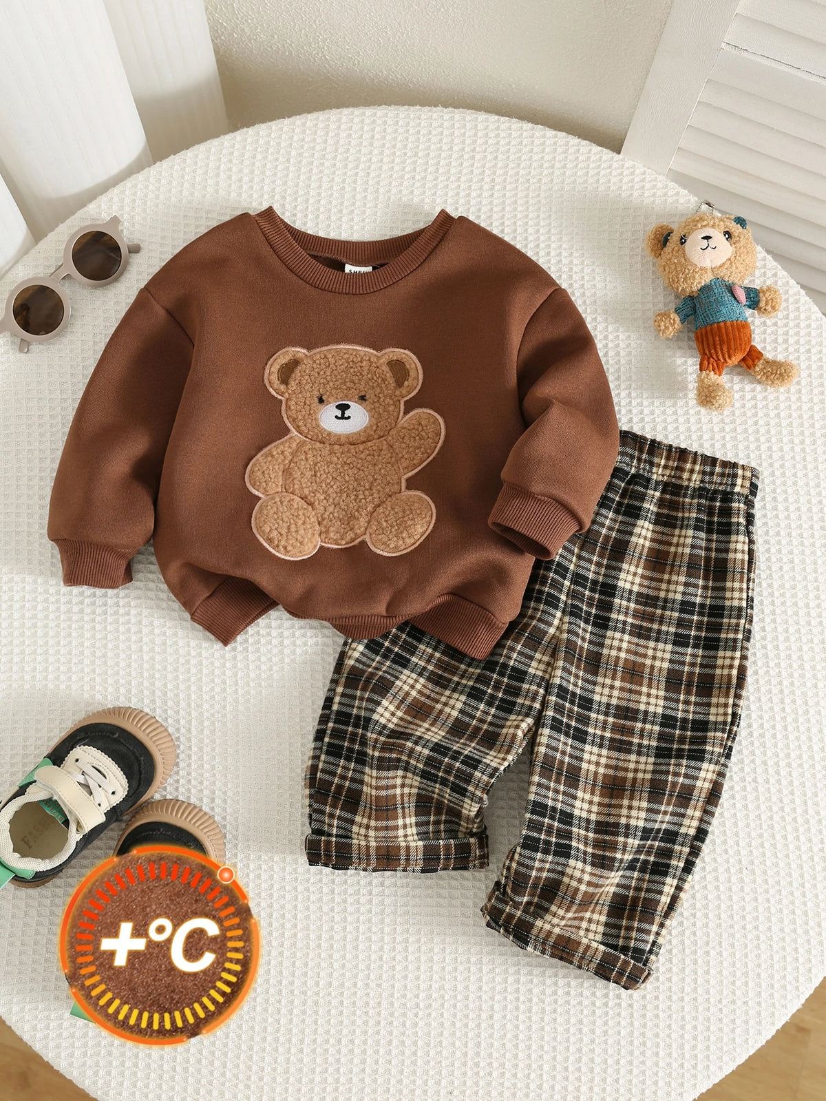 Baby Boy Brown Bear Patchwork Sweatshirt Set Christmas Brown