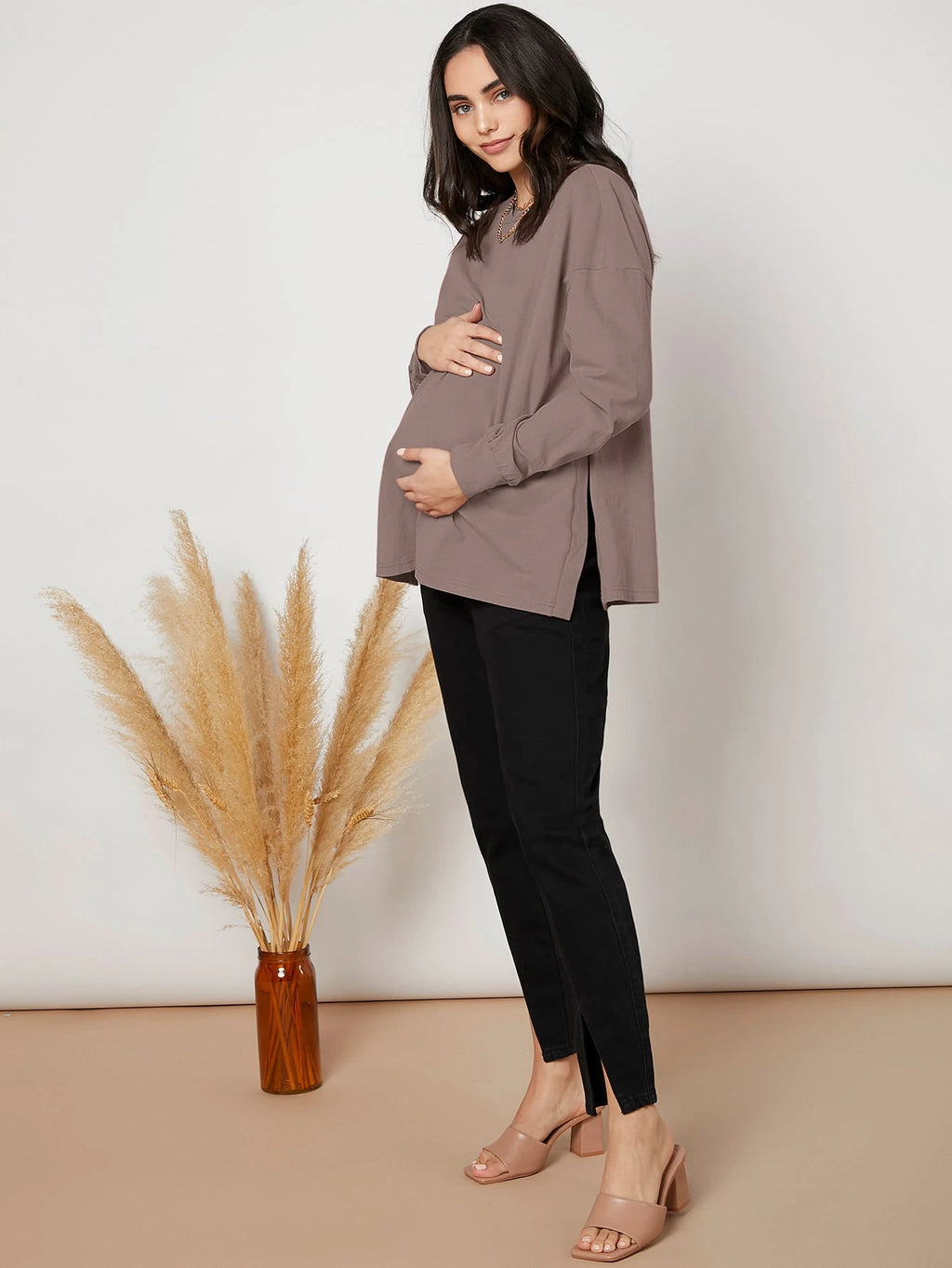 Maternity Mocha Brown Drop-Shoulder Slit-Hem Shirt