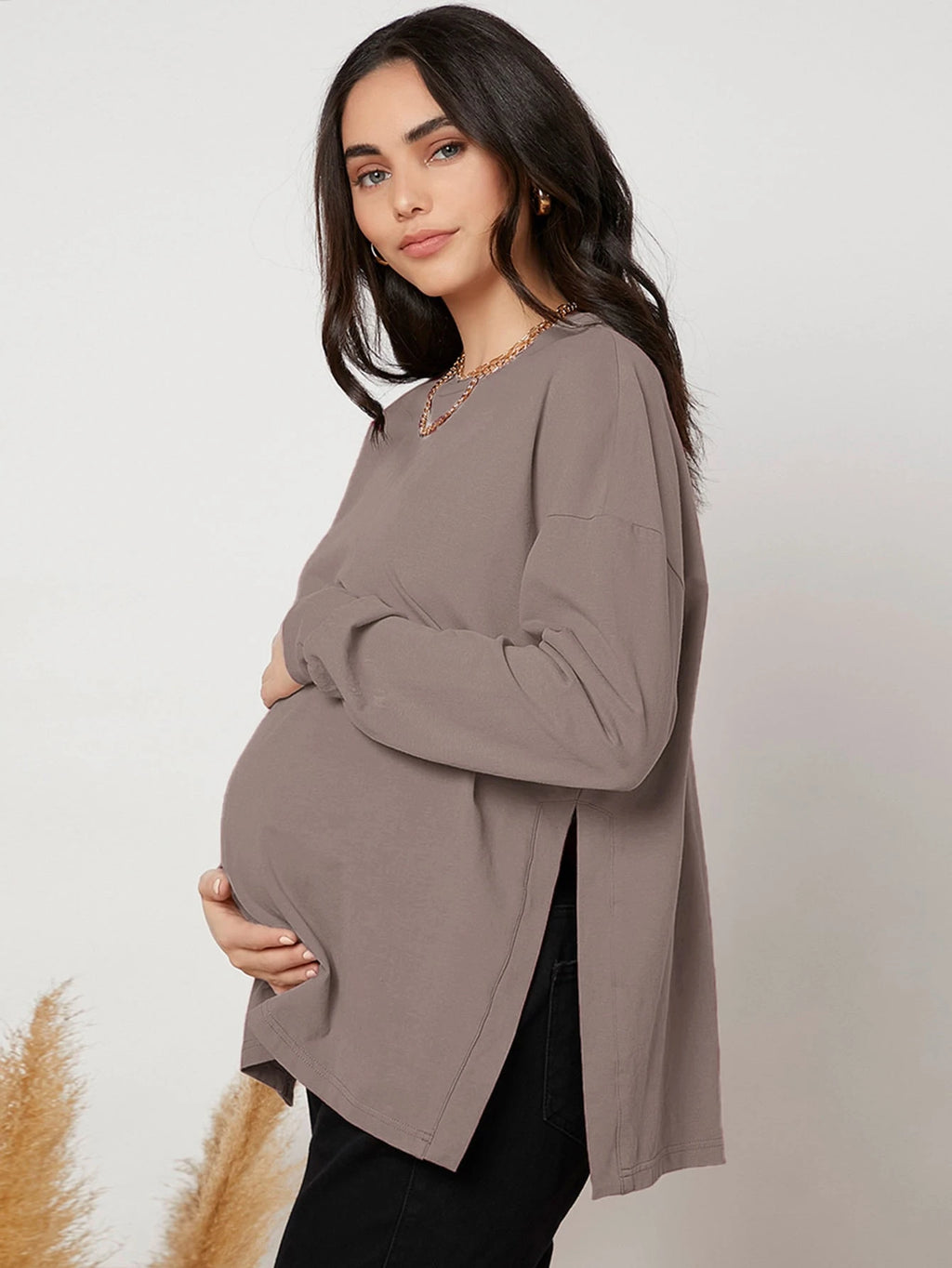 Maternity Mocha Brown Drop-Shoulder Slit-Hem Shirt