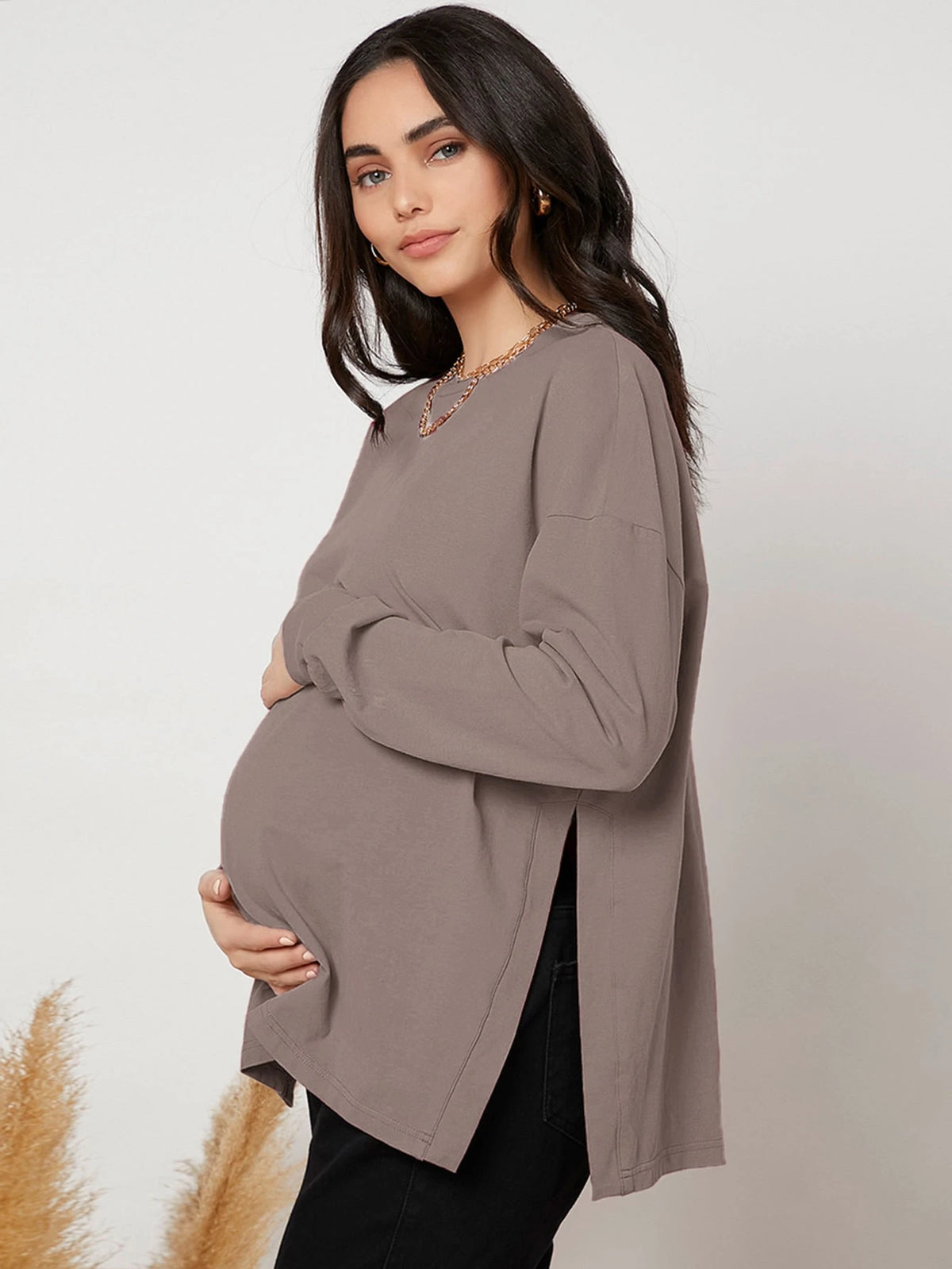 Maternity Mocha Brown Drop-Shoulder Slit-Hem Shirt