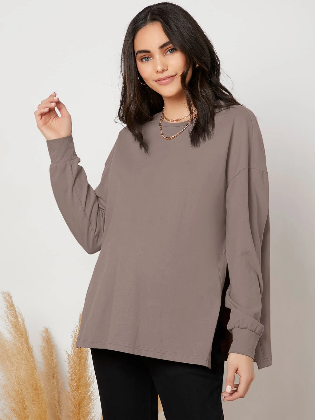 Maternity Mocha Brown Drop-Shoulder Slit-Hem Shirt