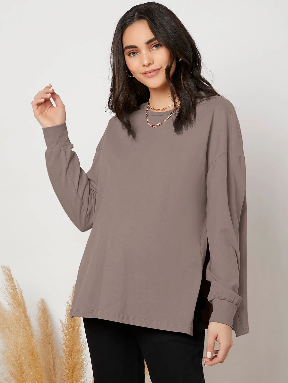 Maternity Mocha Brown Drop-Shoulder Slit-Hem Shirt