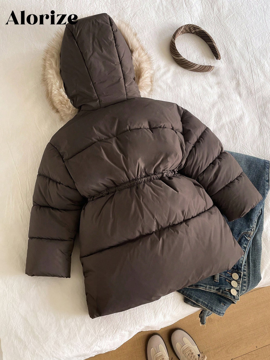 Young Girl Mid Length Waist Cinched Padded Coat