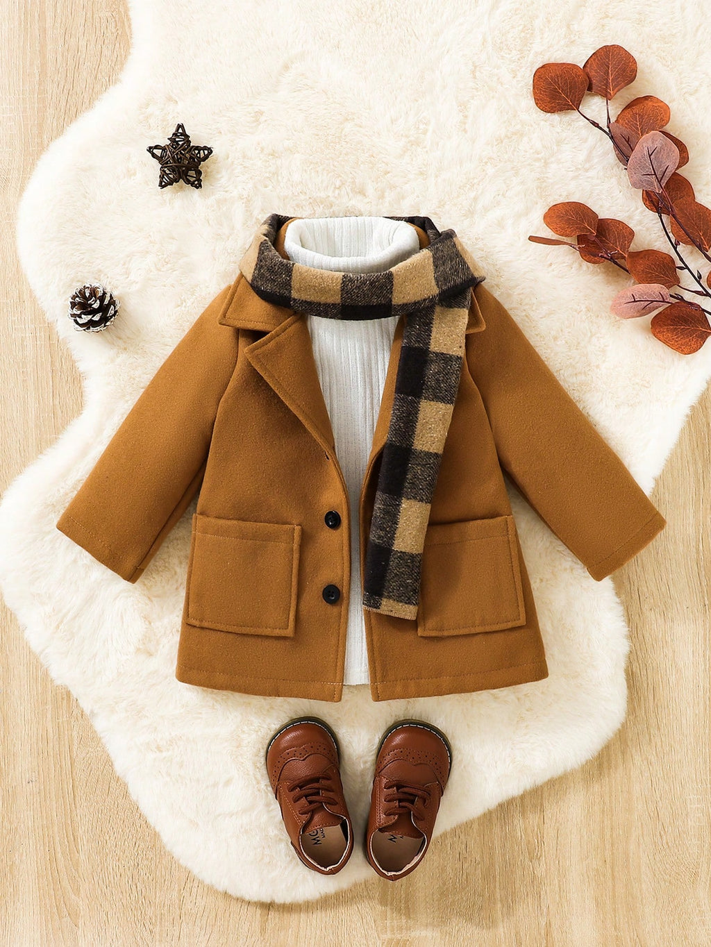 Baby Boy British Preppy Plaid Scarf Coat 2 Piece Set