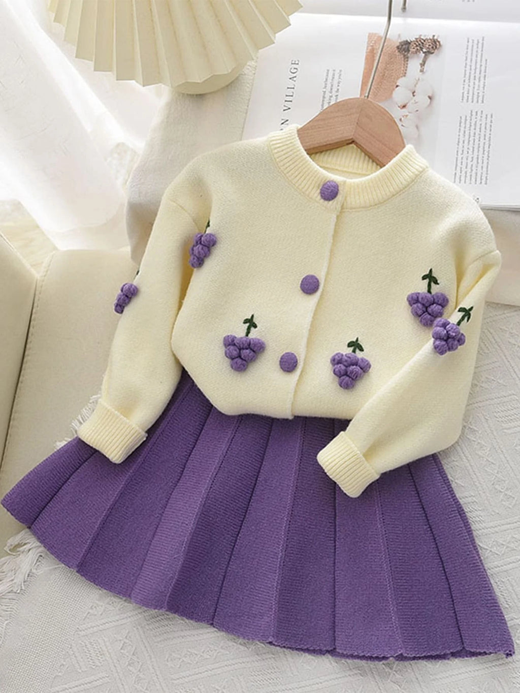 Young Girl Fruit Pom Pom Sweater Pleated Skirt 2 Piece Set