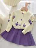 Young Girl Fruit Pom Pom Sweater Pleated Skirt 2 Piece Set