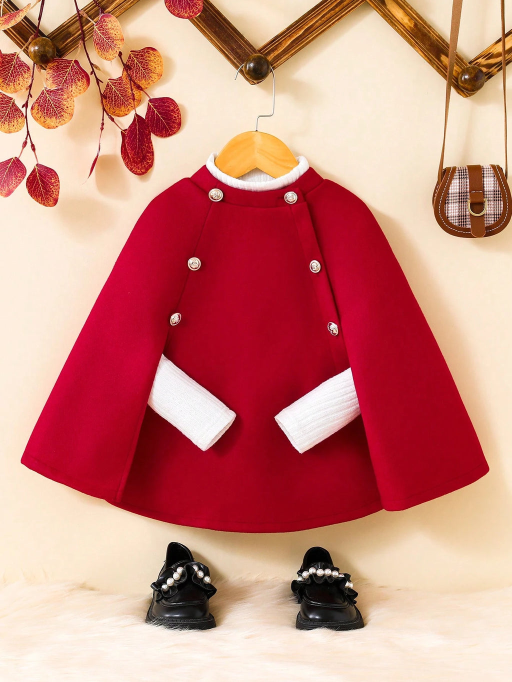 Young Girl Contrast Trim Double Breasted Cloak Cape Overcoat Red