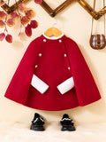 Young Girl Contrast Trim Double Breasted Cloak Cape Overcoat Red
