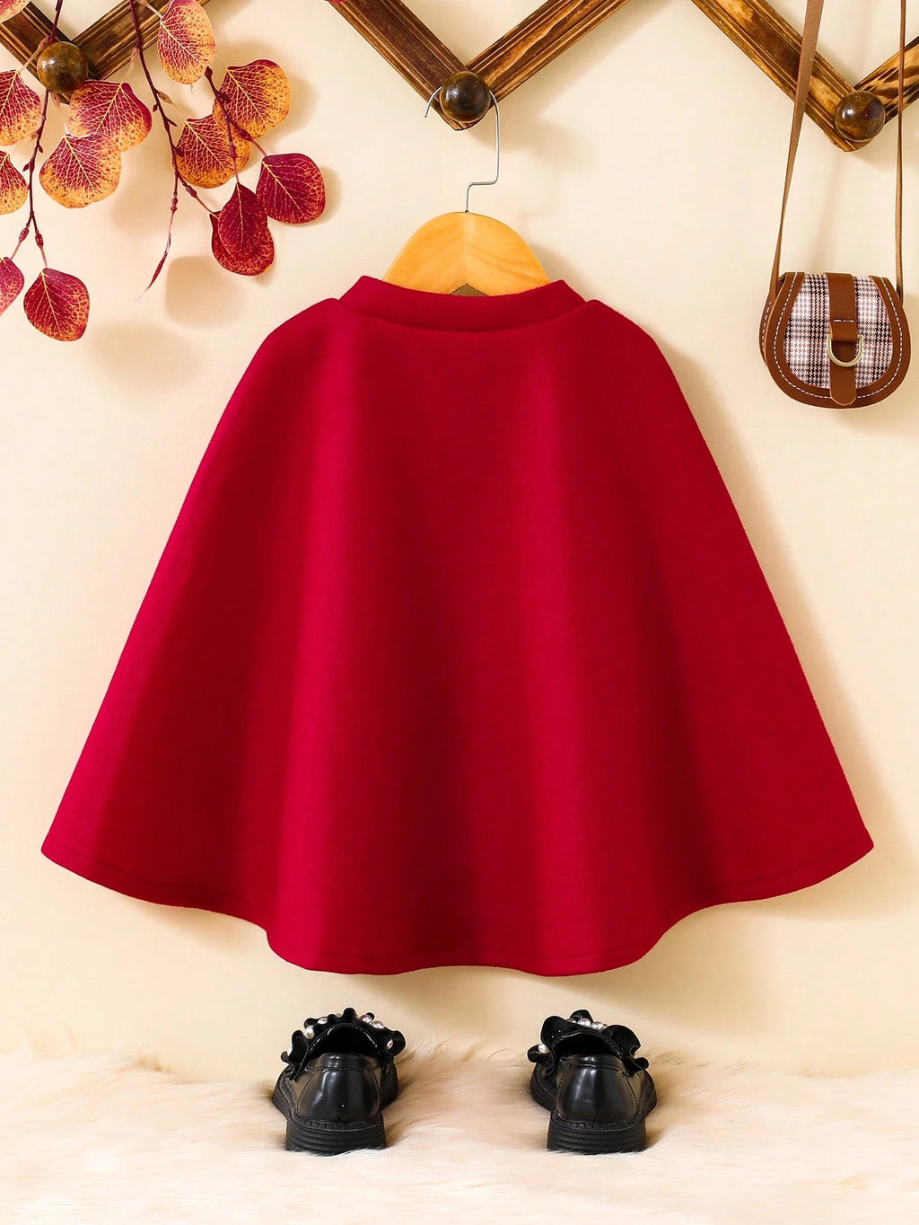 Young Girl Contrast Trim Double Breasted Cloak Cape Overcoat Red