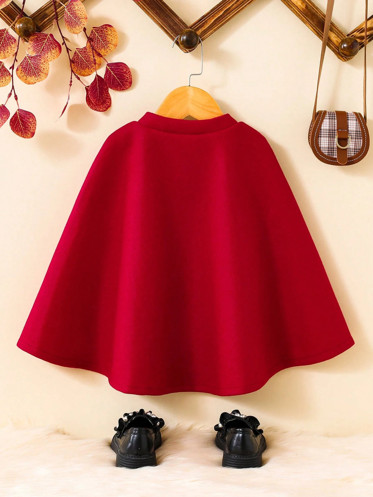 Young Girl Contrast Trim Double Breasted Cloak Cape Overcoat Red