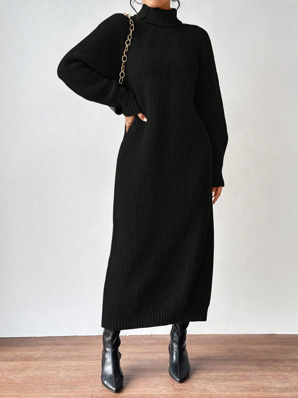 Aalyst Women's Black Turtleneck Raglan-Sleeve Sweater Dress