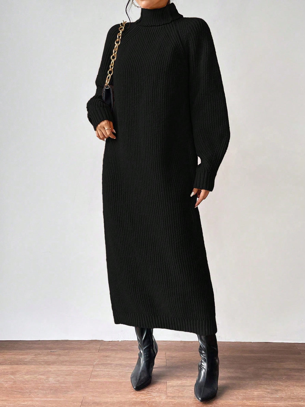 Aalyst Women's Black Turtleneck Raglan-Sleeve Sweater Dress