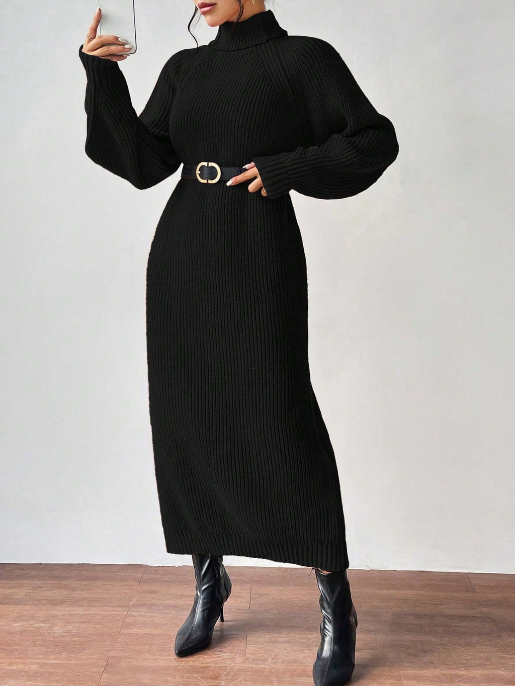 Aalyst Women's Black Turtleneck Raglan-Sleeve Sweater Dress