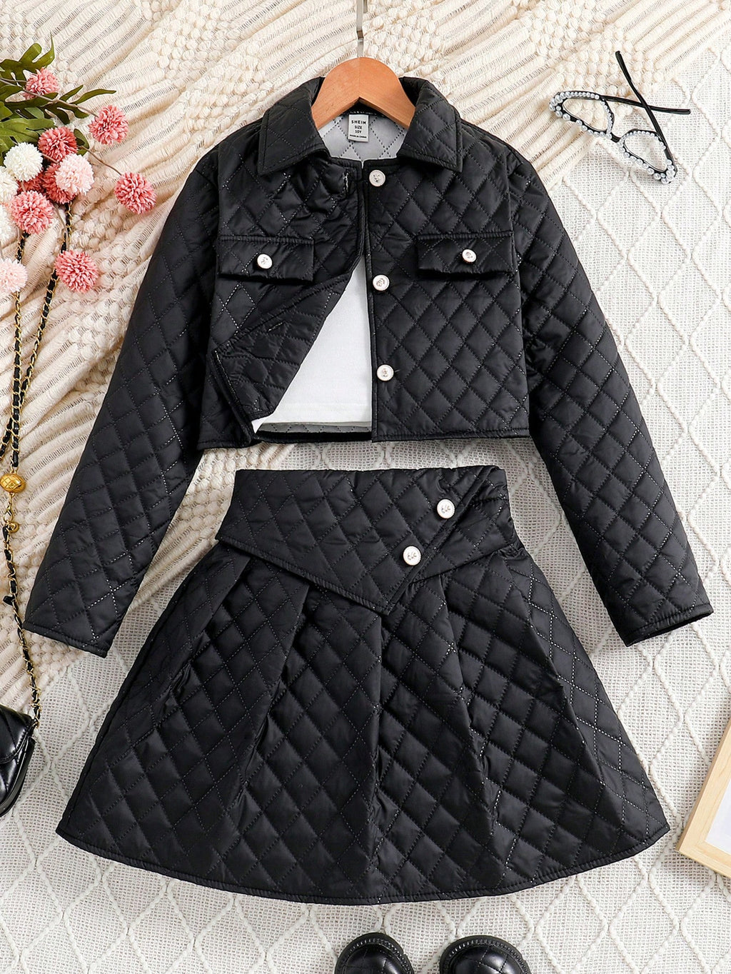 Tween Girl Flap Detail Quilted Jacket & Skirt Black