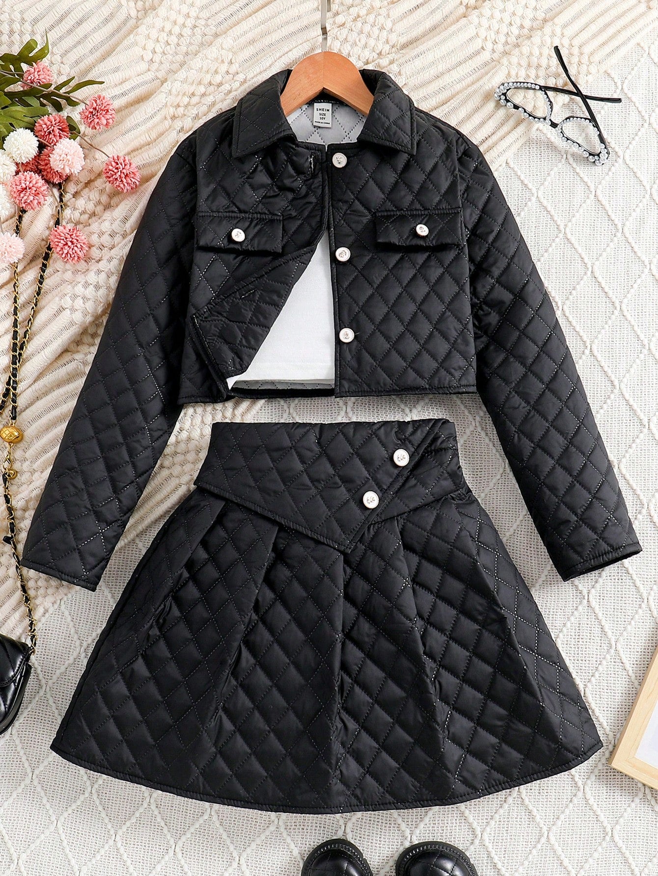 Tween Girl Flap Detail Quilted Jacket & Skirt Black