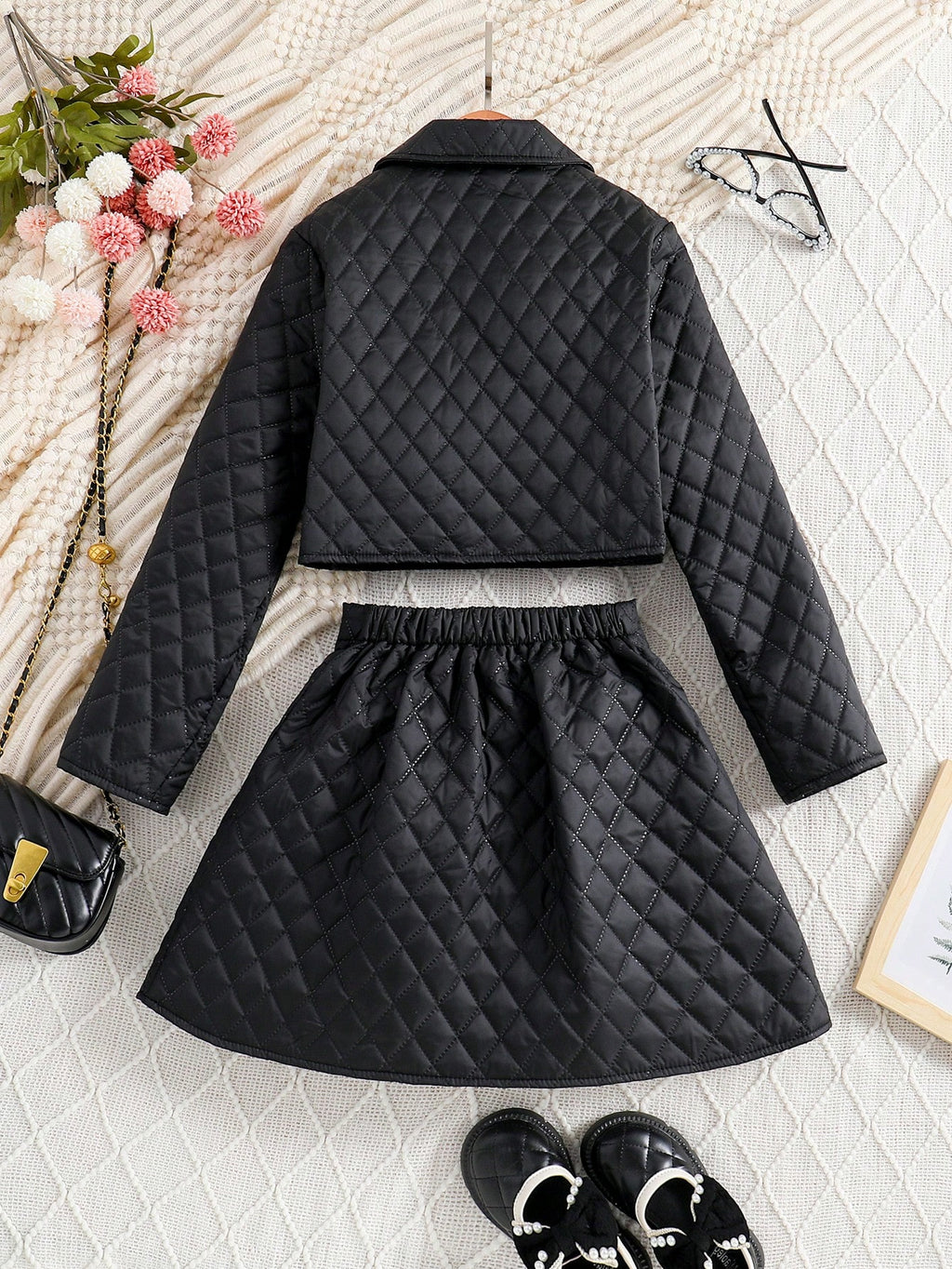 Tween Girl Flap Detail Quilted Jacket & Skirt Black
