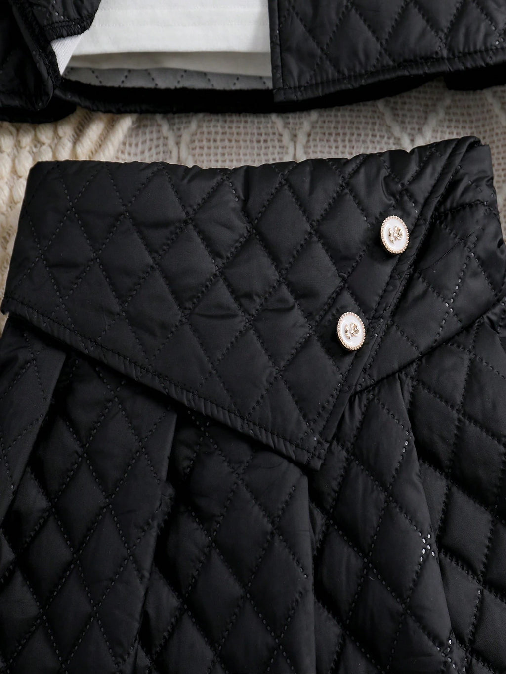 Tween Girl Flap Detail Quilted Jacket & Skirt Black
