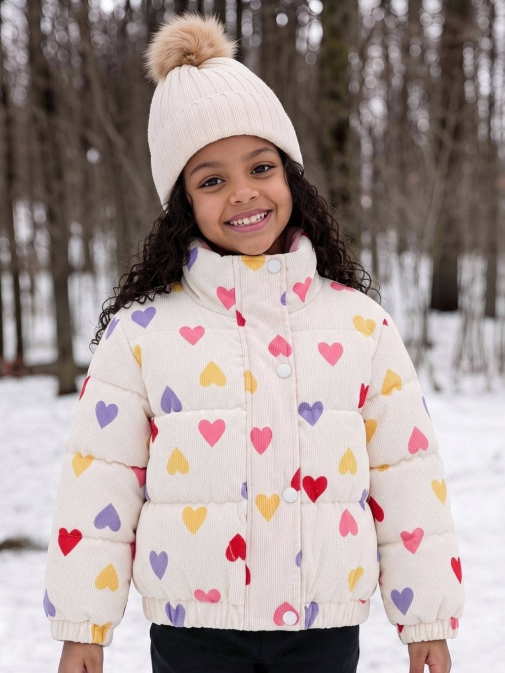 Young Girl Heart Print Corduroy Thickened Padded Coat