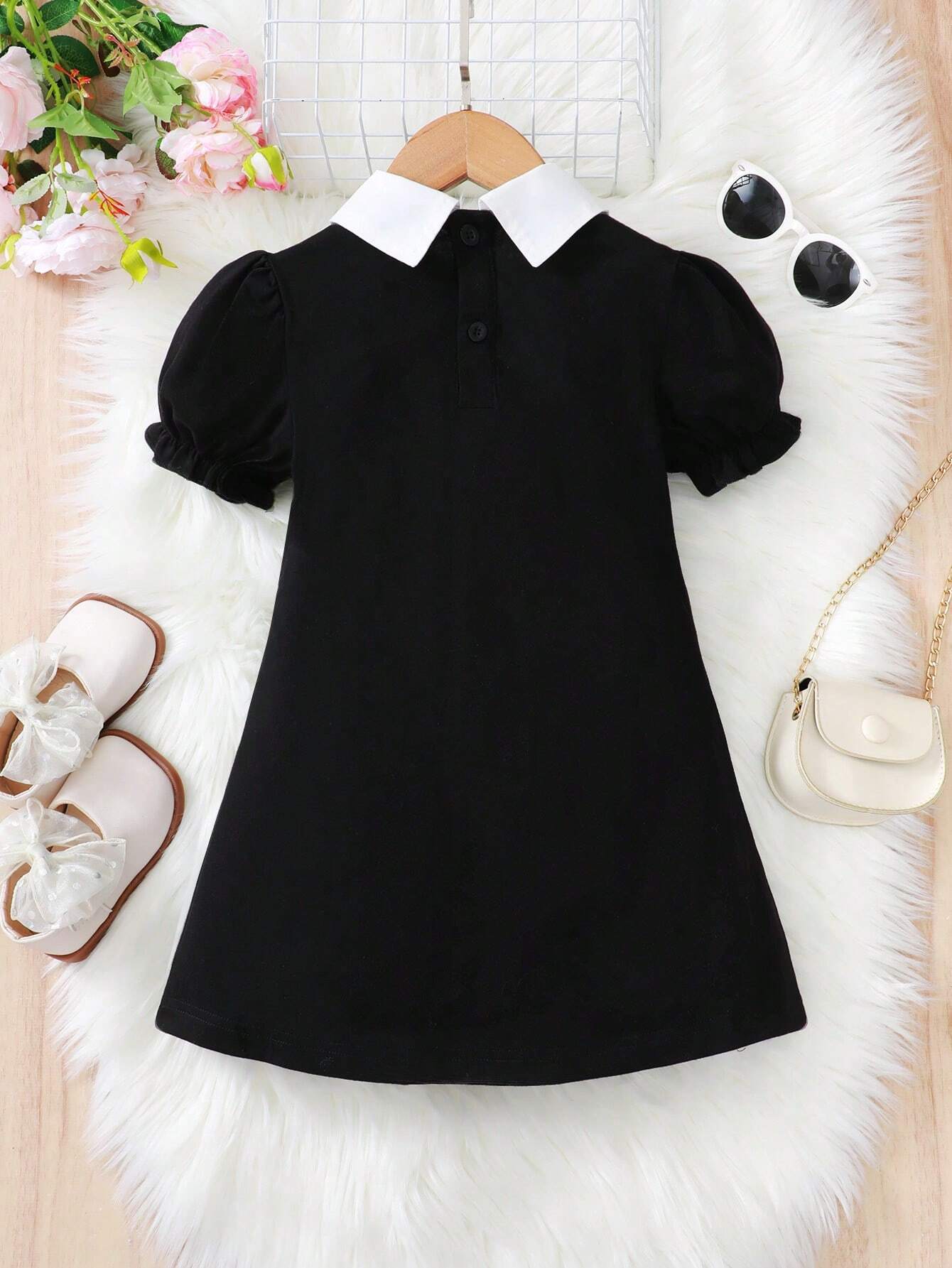 Robe Fille Col Contrasté Manches Bouffantes