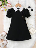 Robe Fille Col Contrasté Manches Bouffantes