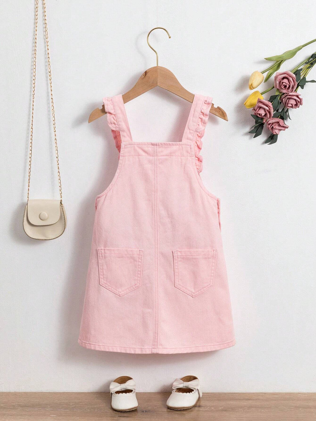 Girls' Denim Pinafore Dress with Floral Embroidery