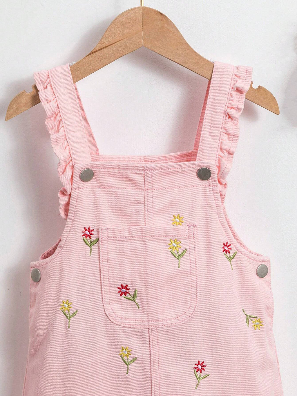 Girls' Denim Pinafore Dress with Floral Embroidery