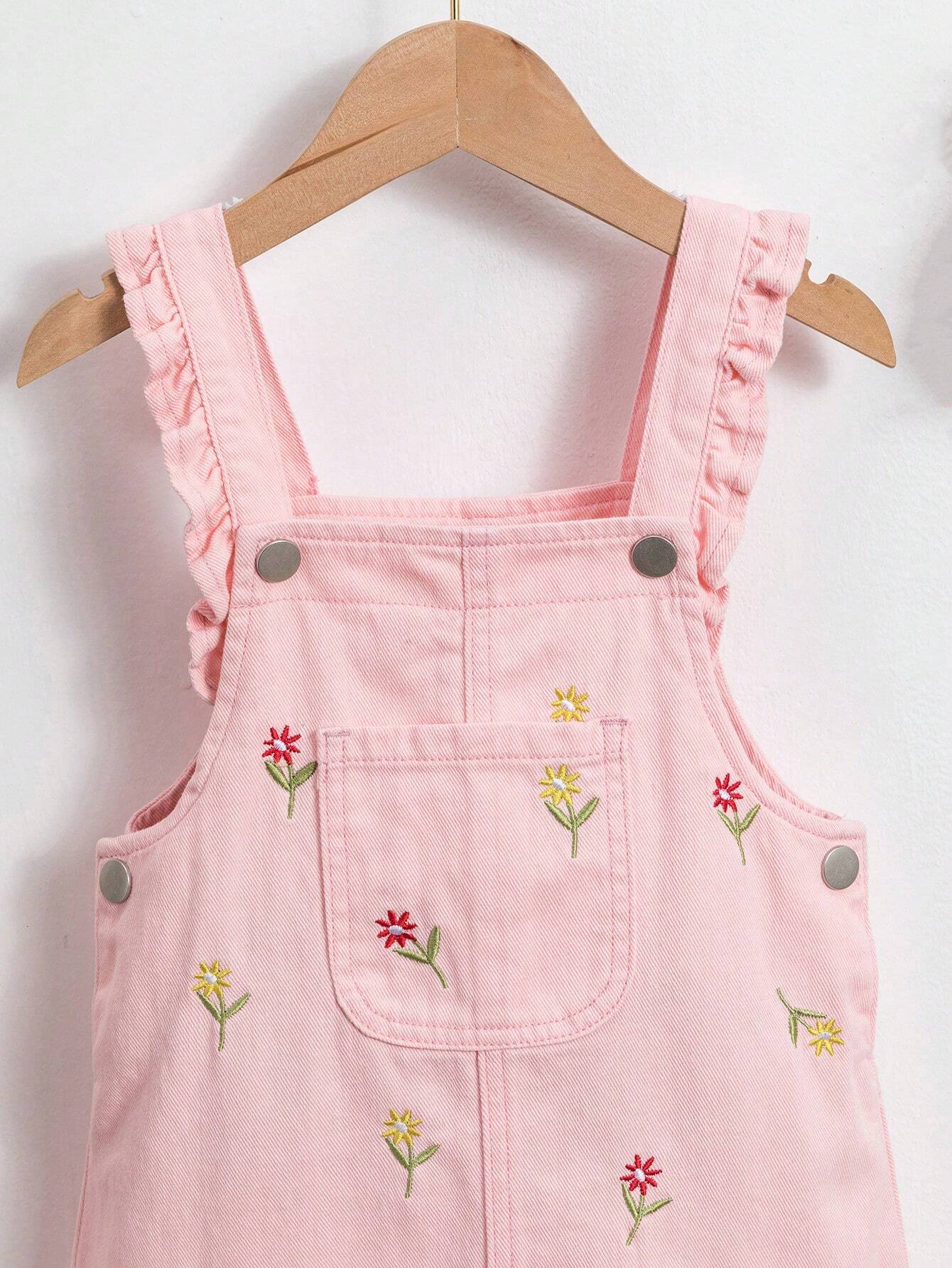 Girls' Denim Pinafore Dress with Floral Embroidery