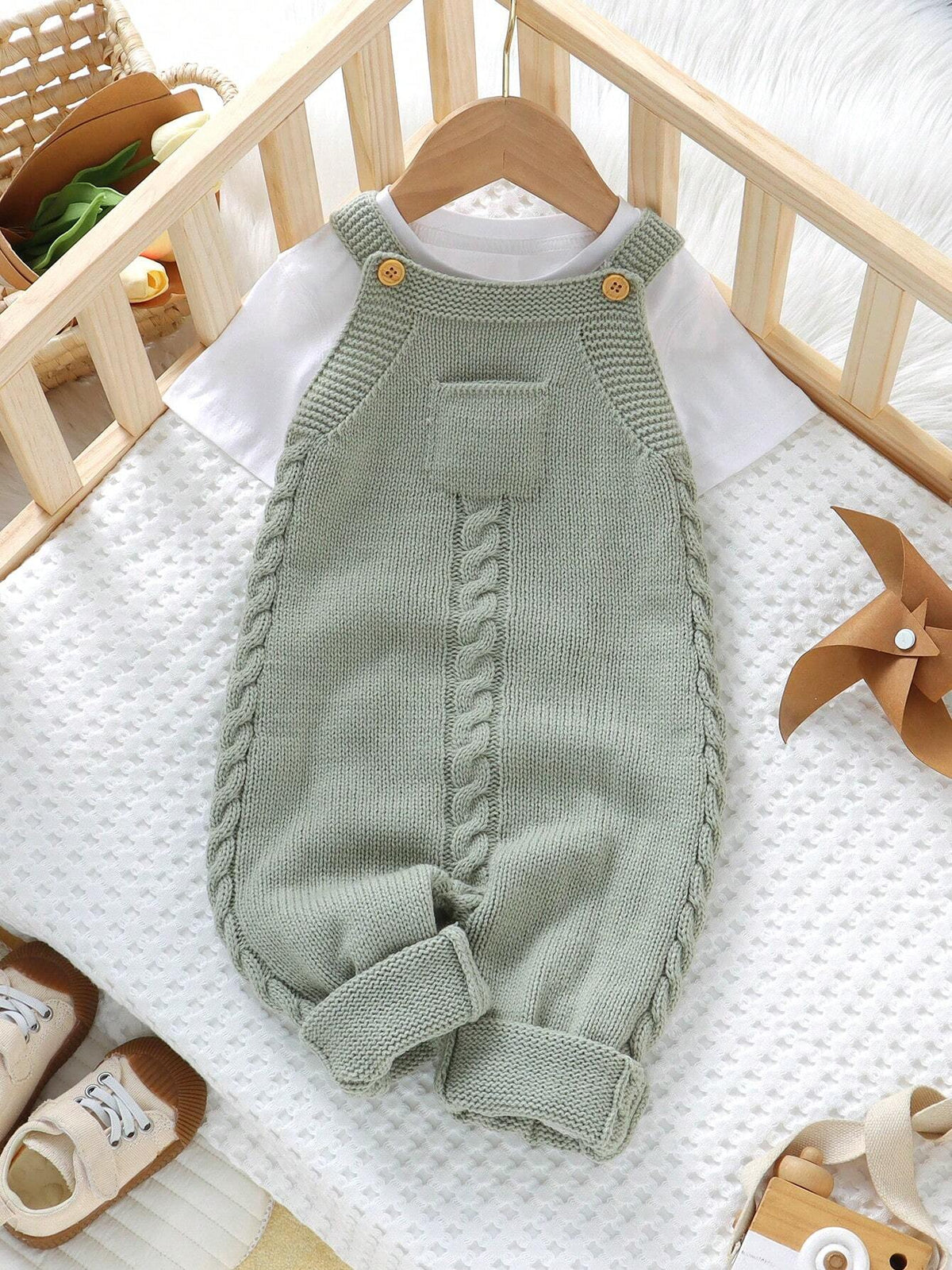 Baby Boy Green Knitted Suspender Romper Jumpsuit Green