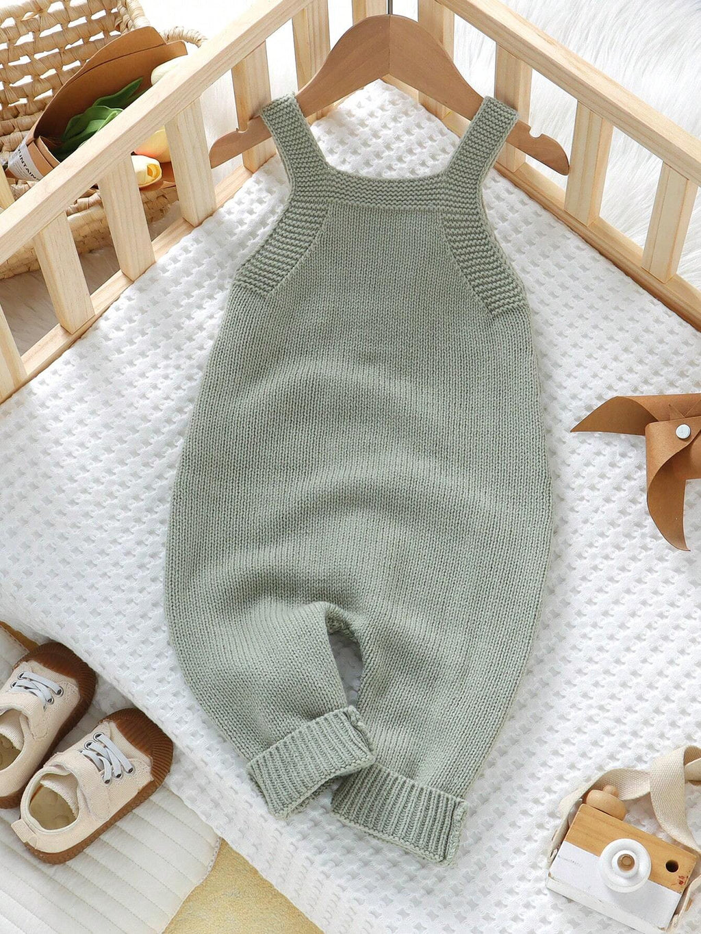 Baby Boy Green Knitted Suspender Romper Jumpsuit Green