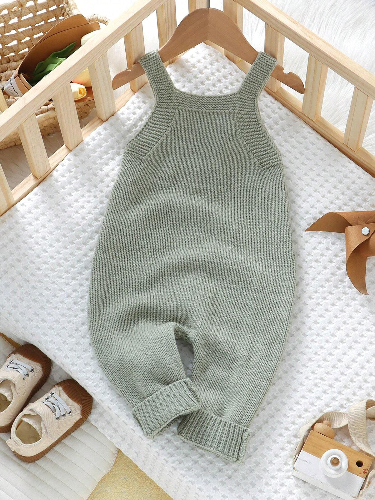 Baby Boy Green Knitted Suspender Romper Jumpsuit Green