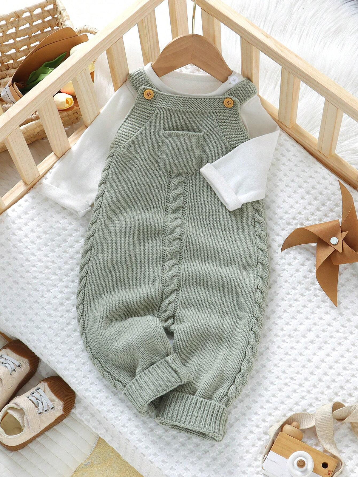 Baby Boy Green Knitted Suspender Romper Jumpsuit Green
