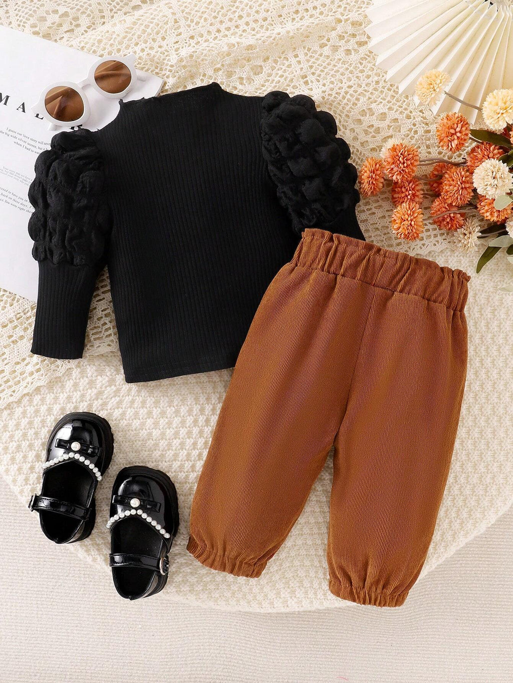 Baby Girl Black Puff Sleeve Bow Top Pants Set