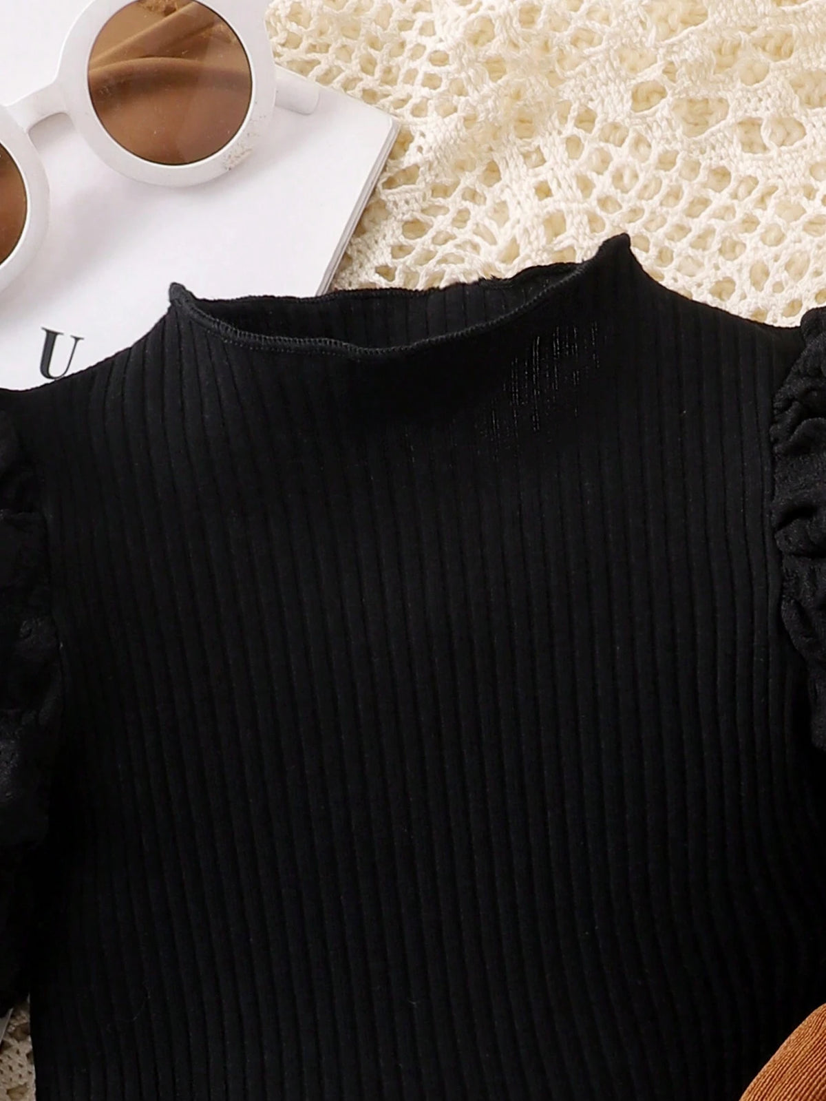 Baby Girl Black Puff Sleeve Bow Top Pants Set