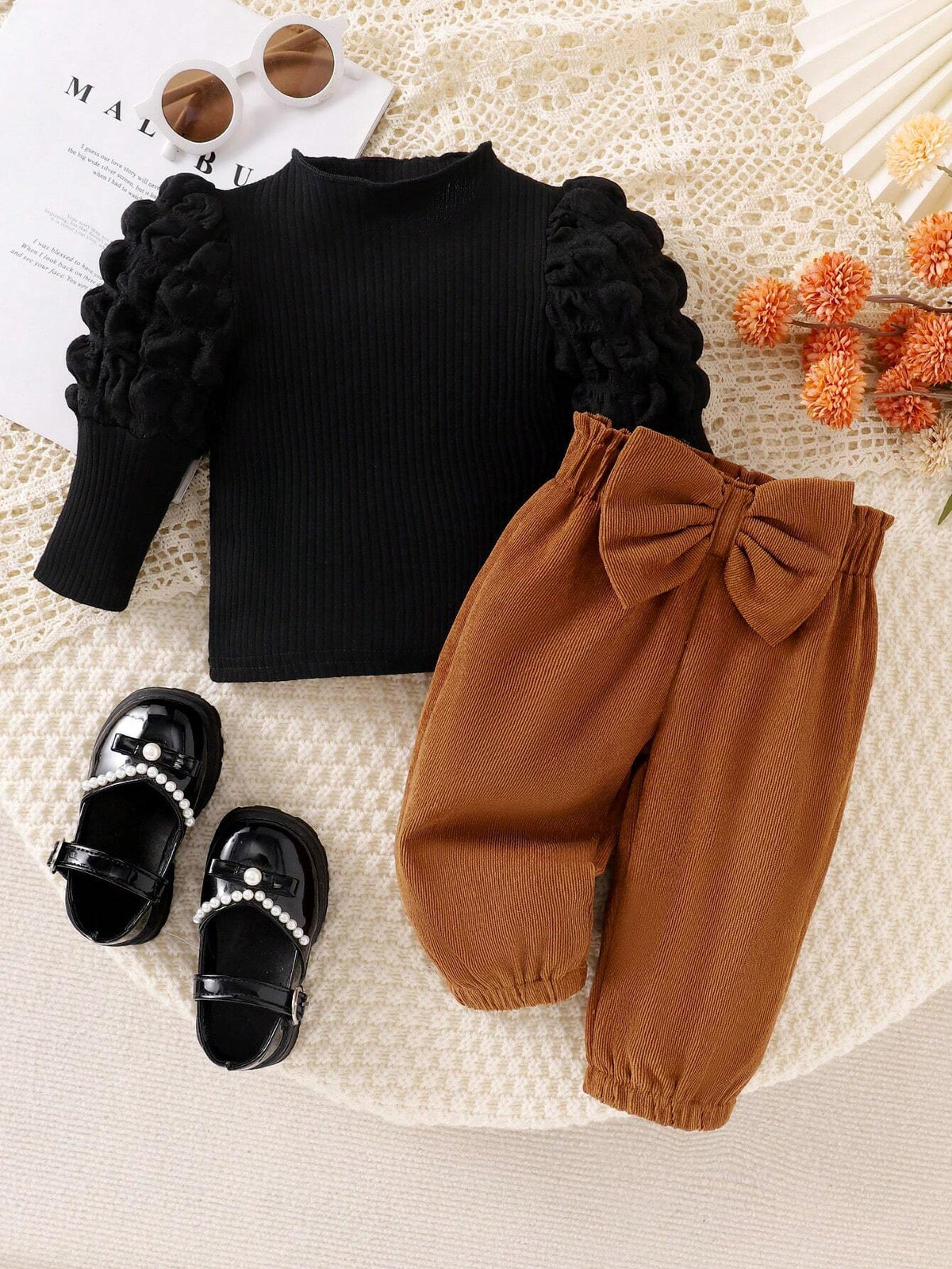 Baby Girl Black Puff Sleeve Bow Top Pants Set