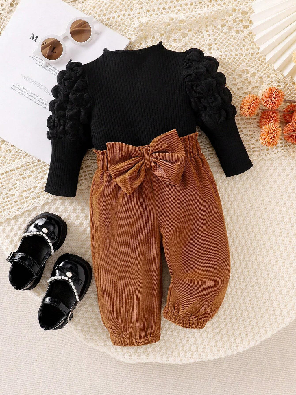 Baby Girl Black Puff Sleeve Bow Top Pants Set