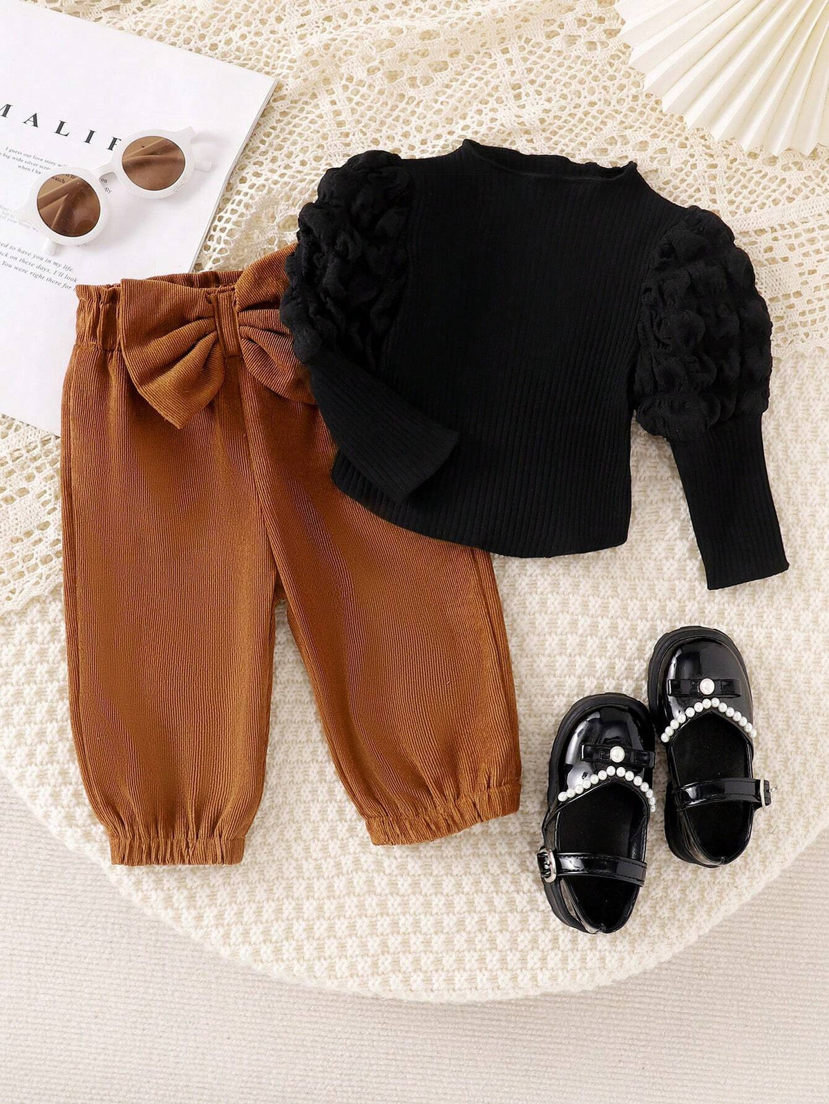 Baby Girl Black Puff Sleeve Bow Top Pants Set